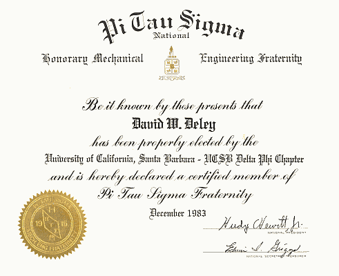 David W. Deley Pi Tau Sigma Honor Society